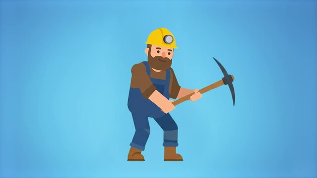 A 2D flat vector animation of a bearded male miner wearing a yellow hard hat with a headlamp, overalls, and safety boots swinging a pickaxe. The working character stands against a plain blue backdrop.