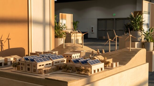 Modern Solar Facility with Wind Turbines on Terraced Roof
