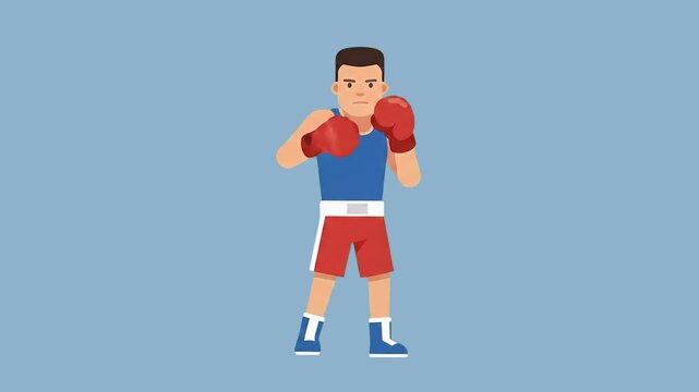 A 2D flat animation of a male boxer character standing in a defensive stance on a solid blue background. This character loop is ideal for sports, fitness, or motivational content.