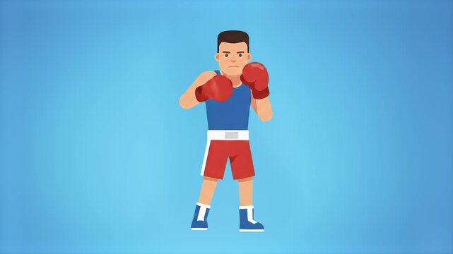 A 2D flat vector animation of a male athlete or boxer wearing red boxing gloves, a blue tank top, and red shorts standing in a defensive fighting stance. The character moves slightly against a solid b