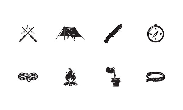 Camping and outdoor adventure equipment in a stylized black and white