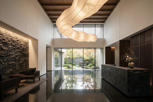 Breathtaking contemporary Japanese luxury hotel lobby interior, Aman or Hoshinoya resort aesthetic, double-height ceiling with dramatic washi paper sculptural light installation.