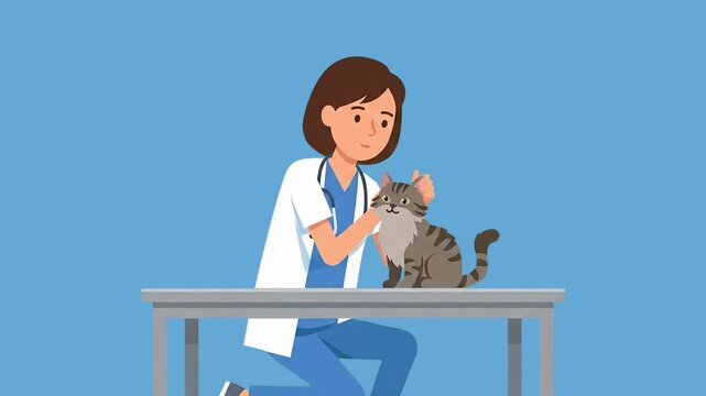 A 2D animated female vet in a medical coat carefully examines a fluffy tabby cat on an examination table. This flat design sequence is perfect for veterinary clinics and pet care explainer videos.