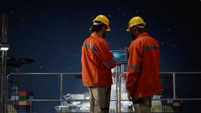 Drilling rig engineering team using AI to manage disruptions caused by blockade while offshore platform workers use artificial intelligence to manage supply shortages during oil crisis.