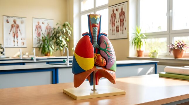 Colorful Anatomical Heart Model on Wooden Table in Classroom