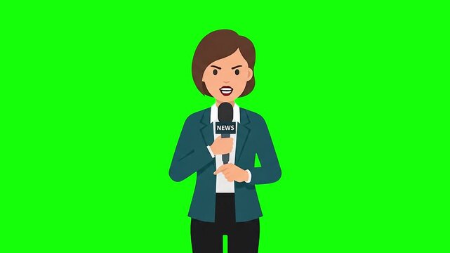 A 2D animated female journalist or TV presenter in a dark blazer holding a microphone and reporting. The character is isolated on a solid chroma key green screen backdrop for news broadcast compositin