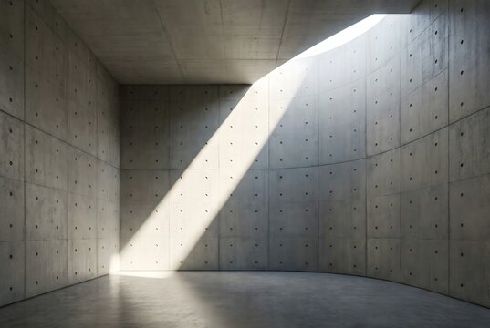 Dramatic interior of brutalist concrete chapel or gallery space, board-formed fair-faced concrete walls with perfect circular tie hole grid pattern.