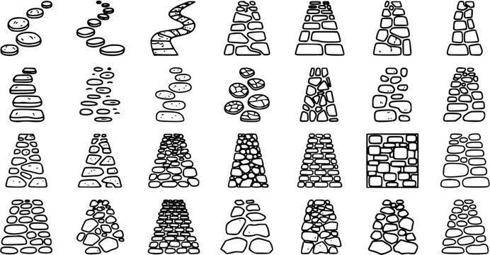 Black and White Line Art of Various Stone Garden Paths and Stepping Stones for Landscape Design