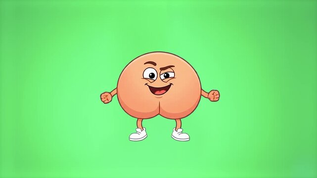 A 2D flat vector animated butt character with a smirk and clenched fists stands in place on a chroma key green background. This isolated comical asset is ready for custom background composition in hum