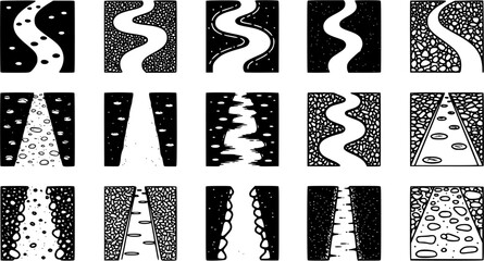 Black and White Line Art of Various River and Path Designs © pixsource