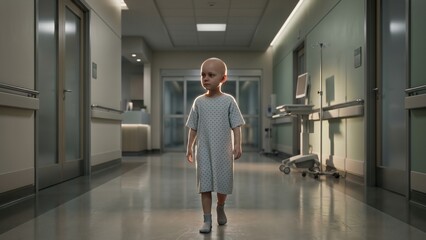 Fototapeta premium Child in Hospital Gown Walking Alone in Quiet Medical Corridor at Night