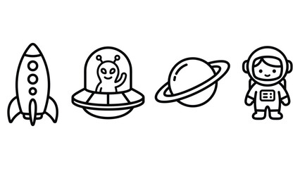 Space exploration line icons set with rocket ship alien ufo planet and cute astronaut kid. © md