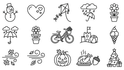 Fototapeta premium Season and weather outline icons set. collection of linear pictograms for different seasons.
