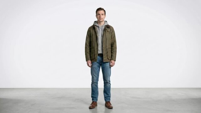 A creative stop motion style video tracking a man standing still while his upper clothes, jackets, and hoodies change sequentially. Ideal for men's fashion platforms, clothing brands, and commercial p