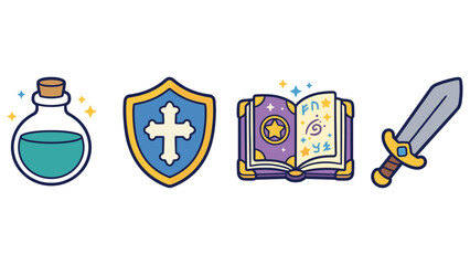 Fantasy rpg game items vector collection with magic potion shield spellbook and iron sword. © KALPANA AKTER