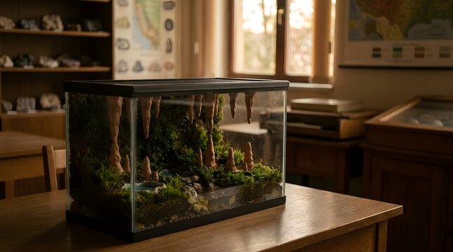 Small Aquarium Biotope with Mossy Greens and Stalactite Figurines