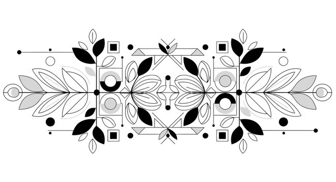 Geometric Botanical Ornament with Leaves and Circles