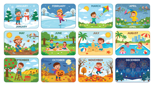 Twelve months of the year featuring children in seasonal activities throughout calendar set.