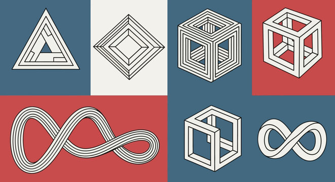Impossible geometric shapes and illusions on a colorful background