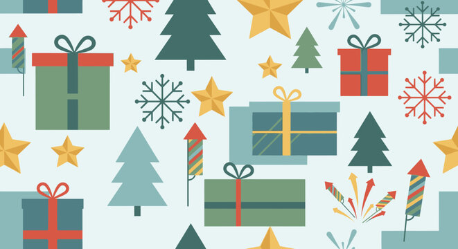 Christmas seamless pattern with gifts, snowflakes and fireworks