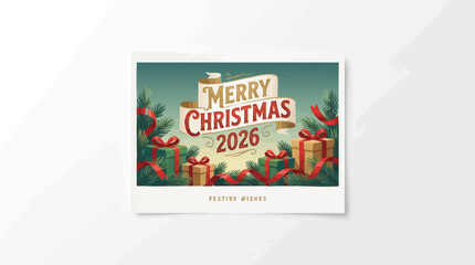 Merry Christmas 2026 greeting card with ribbons and gifts © rama coloring studio