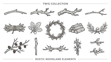 Rustic Woodland Elements: Twig Collection, Leaves, Cones, Wreath, Woodpile © Apel