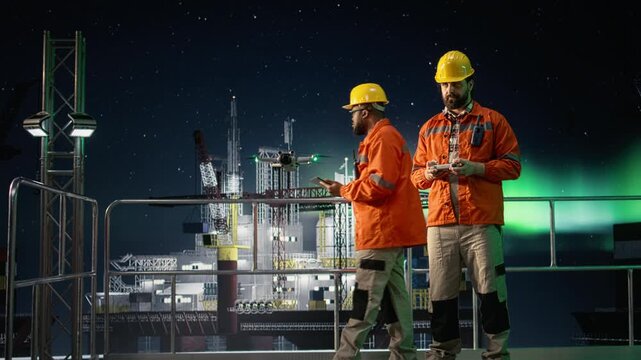 Offshore platform engineers using drones to find fossil reserves during oil crisis with offshore platform context.
