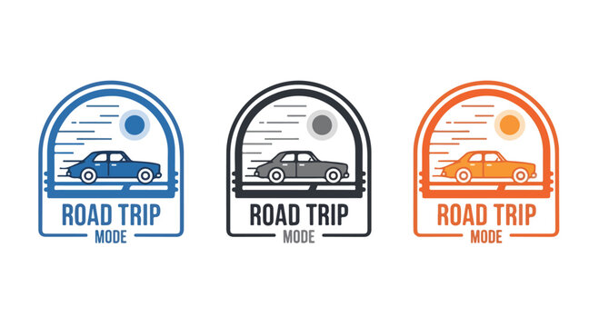 Set of three colorful road trip icons in blue black and orange representing travel, adventure, and journey themes
