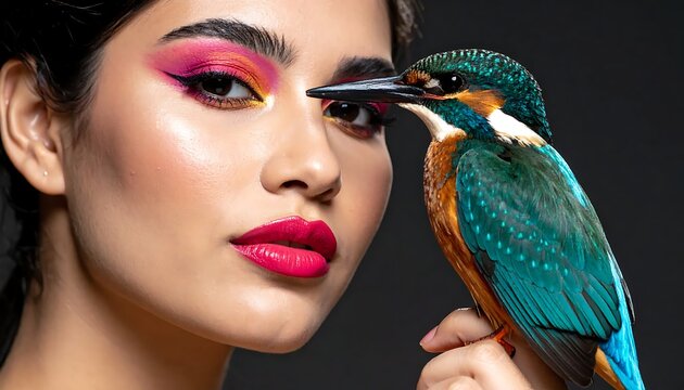 Woman with colorful macaw parrot on shoulder.