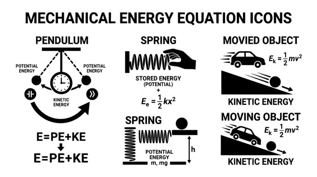 Mechanical Energy Equation Vector Icon Set Featuring Physics Formulas Pendulum Spring And Moving Car Mockup