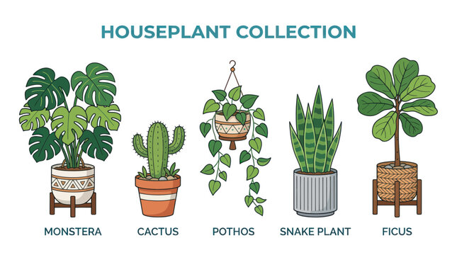 Diverse Houseplant Collection: Monstera, Cactus, Pothos, Snake Plant, Ficus