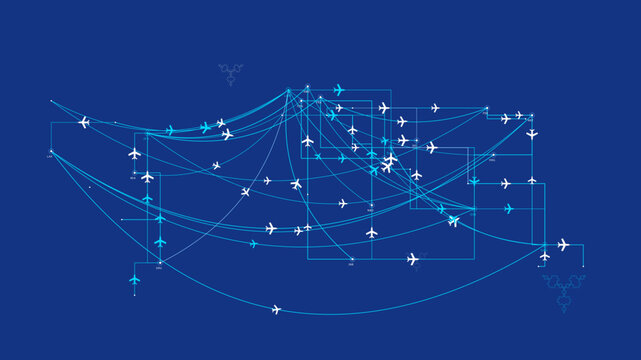 Complex air traffic control network with numerous airplanes moving along flight paths