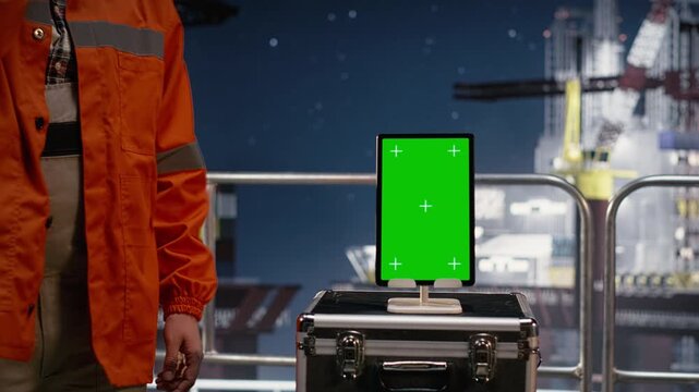 Drilling rig worker uses green screen laptop software to evaluate energy security risks during oil supply crisis while an engineer uses chroma key notebook to monitor analytics during blockade.