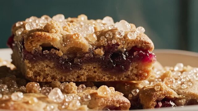 Artisanal berry jam bars topped with coarse sugar crystals in a warm setting