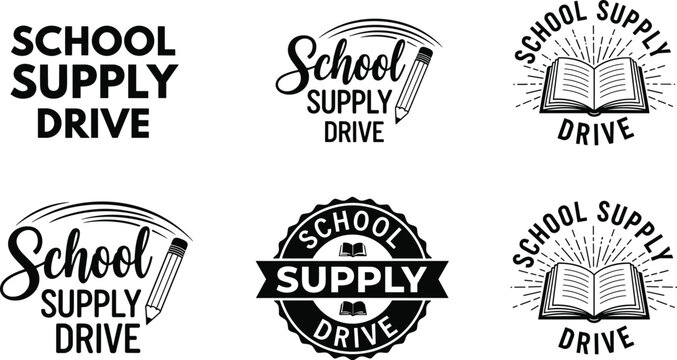 School Supply Drive logo decorative illustration collection, education artwork, charity motif design composition, community vector set, learning graphics