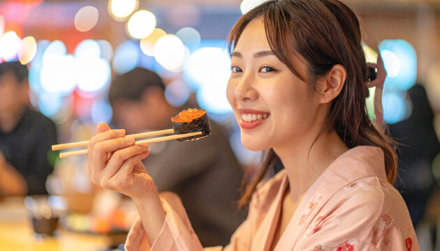 外国人・寿司・初めて・驚き・感動・インバウンド・和食体験/Foreign tourist eating sushi for first time, surprised expression, Japanese food experience inbound