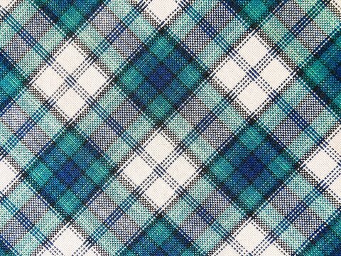 Classic blue and green plaid fabric texture. Tartan checkered pattern background on woven textile material.