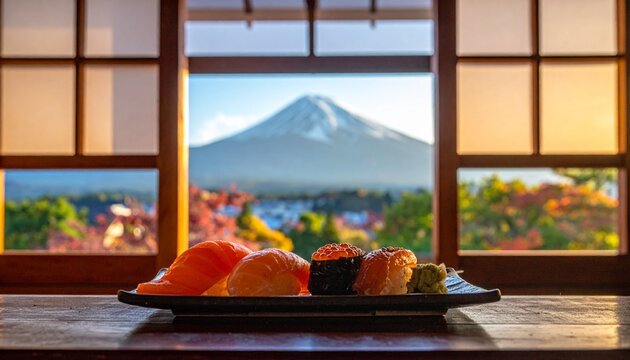 握り寿司・富士山・日本アイコン・和食・観光・海外向け/Nigiri sushi with Mount Fuji in background, iconic Japan symbol, Japanese food tourism photo