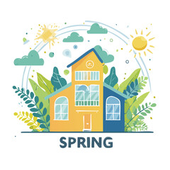 Fototapeta premium Colorful house illustration with spring elements