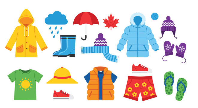 Seasonal clothing accessories set, rainy cold warm weather attire, illustrated fashion icons, umbrella boots coats hats, summer winter vector illustration collection