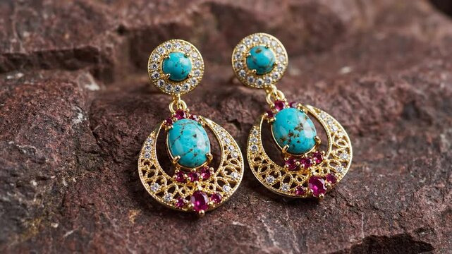 Elegant gold drop earrings with turquoise and ruby gemstones resting on a textured stone surface
