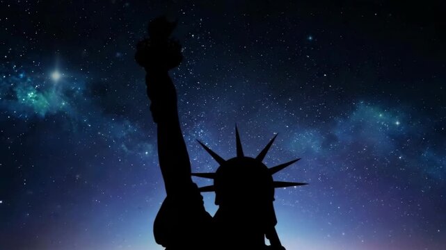 A silhouette of the statue of liberty under a starry night sky perfect for 4th july celebrations and patriotic holiday background designs