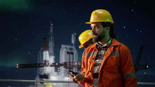 Doing radio coordination, global energy embargo and drilling rig worker with offshore platform context during oil crisis.