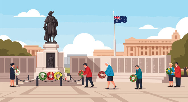 Anzac Day Remembrance Ceremony Illustration - People Laying Wreaths at Australian War Memorial with Statue and Flag