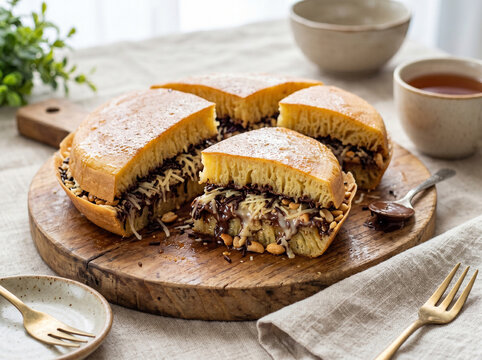 SWEET MARTABAK is a popular food in Indonesia. A soft textured cake filled with chocolate, cheese, condensed milk and peanuts