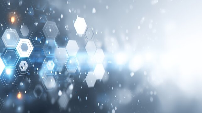 Abstract digital hexagonal background with bokeh lights and copy space