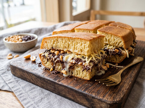 SWEET MARTABAK is a popular food in Indonesia. A soft textured cake filled with chocolate, cheese, condensed milk and peanuts.