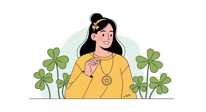 Happy Smiling Woman Surrounded by Green Clovers for St. Patrick's Day, Lucky Girl Vector Illustration in Flat Style