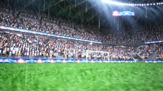 Close up of 3D rendered wet football grass field with stadium spectators in background supporting team. Animation of green soccer pitch and fans filling sports venue tribunes during rainy weather