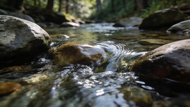 Close up view of a clear mountain stream flowing over smooth river rocks in a forest.